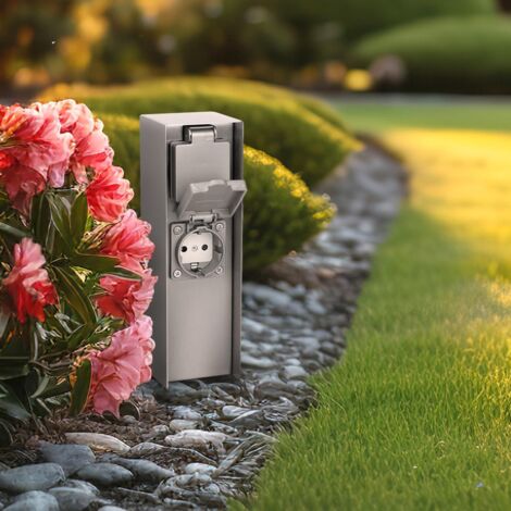 Gartensteckdosensäule für außen IP44 eckig 23cm - Steckdose: 2-fach - Farbe: Edelstahl