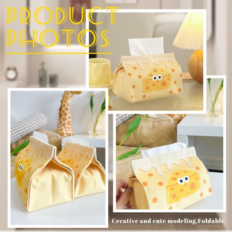 Lot De 2 Boîtes à Mouchoirs Mignon Fromage – Pliable Jaune En Polyuréthane – Distributeur Table & Chevet