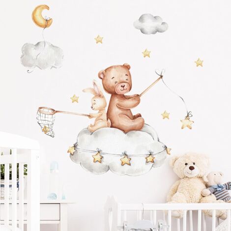 Autocollant mural ours sur la lune V265, autocollant mural pour chambre d'enfant, avec étoiles, ours en peluche, croissant de lune