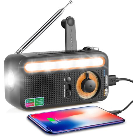 Radio d'urgence – Radio portable à manivelle à énergie solaire 2000 mAh avec SOS et