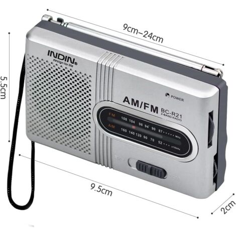 Radio Portable AM/FM Mini - Haut-parleur Intégré, écouteurs, Piles AA, Antenne Télescopique - Couleur Argent
