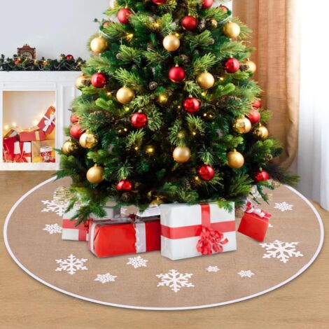 Jupe De Sapin De Noël En Lin 120 Cm - Tapis D'Arbre Avec Flocons De Neige Blancs - Décoration Festive Élégante Pour Fêtes De Fin D'Année