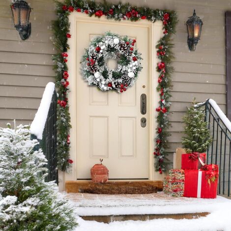 Couronne De Porte De Noël - Déco Hiver Rouge Et Or - Ruban Et Ornements - Deco Mesh