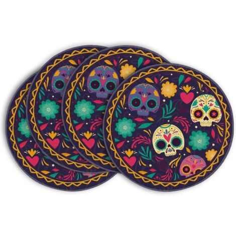 CCYKXA Sets de table tête de mort et fleurs, Jour des Morts, Mexique, Halloween, 37 cm, pour la cuisine, la décoration de table, la maison, les fêtes, lot de 4 (1/5)