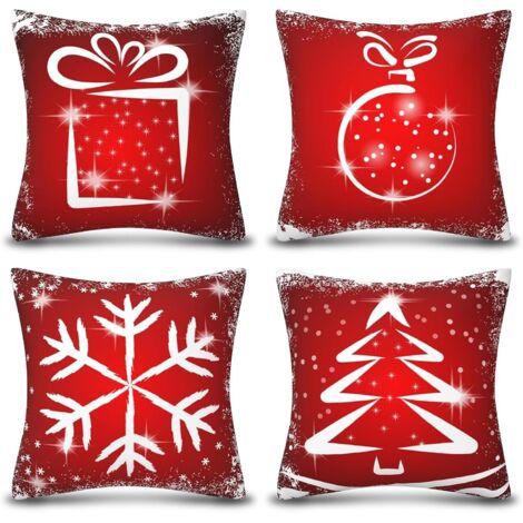 LOMOHOO Lot de 4 Housses de Coussin de Noël avec Bonhomme de Neige, Renne, Gants et Sapin de Noël (Rouge, 40 x 40 cm