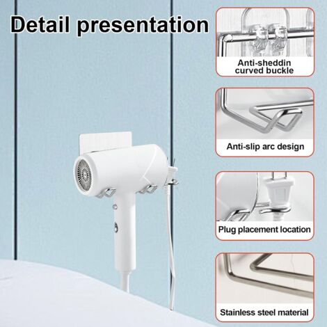 Porte Sèche Cheveux Mural En Acier Inoxydable - Support Sans Percage Pour Sèche Cheveux Et Lisseur - Organisateur Salle De Bain