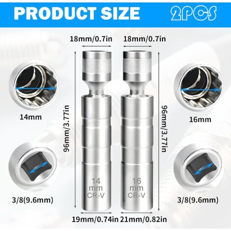 Clé à Bougie 14mm & 16mm - 2 Pièces, Douille Paroi Fine 12 Pans, Magnétique, Pour Auto
