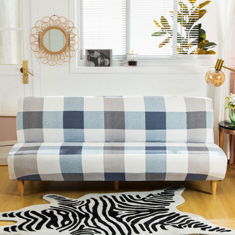 CCYKXA Stretch Sofa Cover without Armrest, Universal Armless Sofa Cover All Covered Folding Sofa Protector, Easy to Install and Clean, 3 Seater Sofa Cover, Blue Checks (1/5)