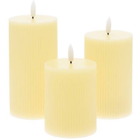 Lot de 3 Bougies à LED Cylindriques striées Ivoire flamme 3D avec Télécommande pas cher Lotti (1/5)