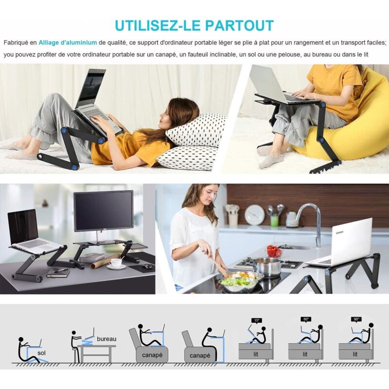 Table Pliable Pour Lit – Support Ordinateur Portable Réglable, Avec Ventilateur USB, Aluminium