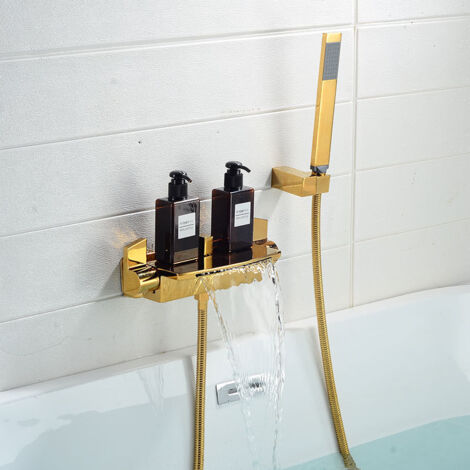 Ensemble de robinet de baignoire mural en cuivre et or, mitigeur de baignoire cascade, pommeau de douche chaud et froid, 1 pièce
