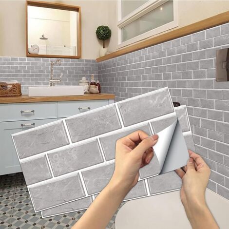 Lot de 18 autocollants pour carrelage de cuisine gris clair (30 x 15 cm), en PVC imperméable, auto-adhésifs, adaptés à la salle de bain et à la cuisine (1/5)