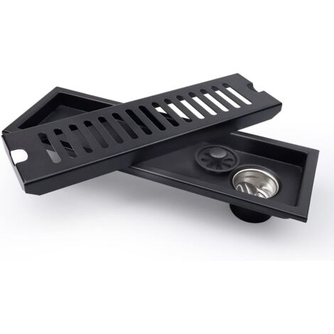 Noir - siphon de sol rectangulaire, siphon de sol de douche 30 x 10 cm, siphon de sol noir avec grille en acier inoxydable, convient pour WC, salle de bain, cuisine, balcon (1/5)