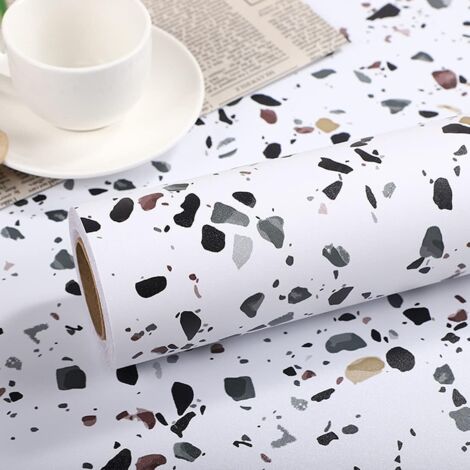 Terrazzo – Papier contact pour comptoirs, 0.6x5m, film autocollant pour étagère, cuisine, tiroir, papier peint imperméable pour cuisine, chambre, salle de bain, salon (noir persan) (1/5)