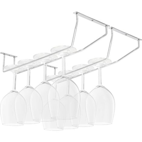 Porte Verres Suspendu en Acier Chromé avec Vis et Chevilles (Lot de 2) - Support Verre a Pied Suspendu de 34 x 11 cm - Rangement Verre a Pied pour Bar et Cuisine