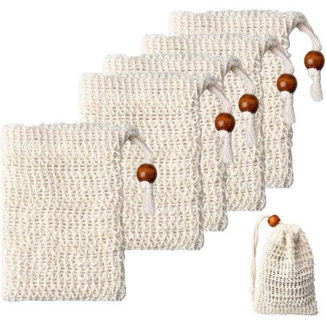 Lot de 5 sachets de savon en sisal, pochette économiseur de savon écologique, sacs à cordon naturel pour bain et douche (1/5)
