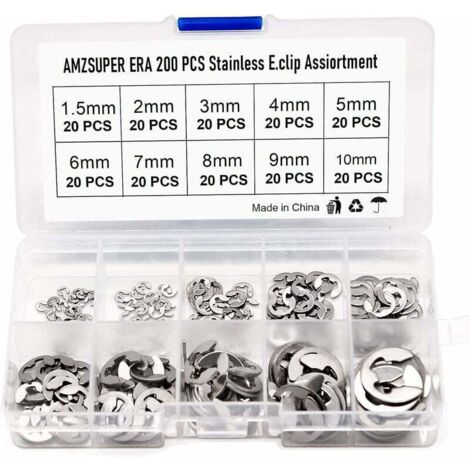 200Pcs E Clip Anneau 304 Inox Circlips Exterieur Assortiment De Circlips 1.5/2/3/4/5/6/7/8/9/10Mm Divers Usages (1/5)