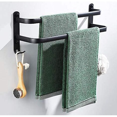 Porte Serviettes Salle de Bains, Noir Barres Porte Serviettes Mural Adhesif pour Douche et Cuisine, Étanche Barres Porte avec Crochet (Deux tiges 50cm)