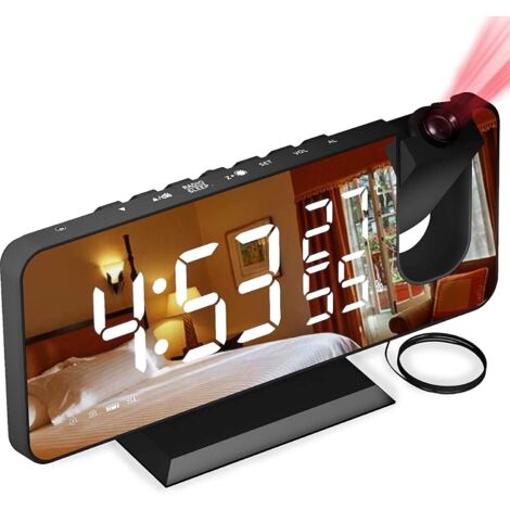 Réveil à projection, réveils de chevet avec radio FM, horloge numérique avec port de charge USB, répétition, écran miroir LED 7 ", 4 luminosités réglables, horloges pour chambres, maison, bureau (1/5)