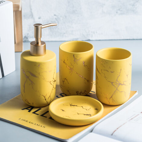 Serbia – Ensemble de 4 accessoires de salle de bain en céramique – Distributeur de savon, verres, porte-savon – Finitions élégantes blanches et dorées