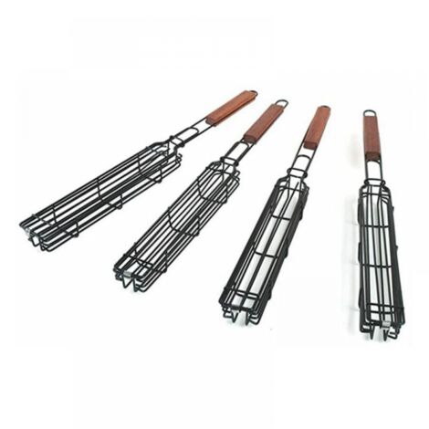 Lot de 4 paniers de barbecue avec grille verrouillable à long manche en bois - Antiadhésifs - En acier inoxydable - Pour barbecue,poissons,légumes,saucisses,oignons (1/5)