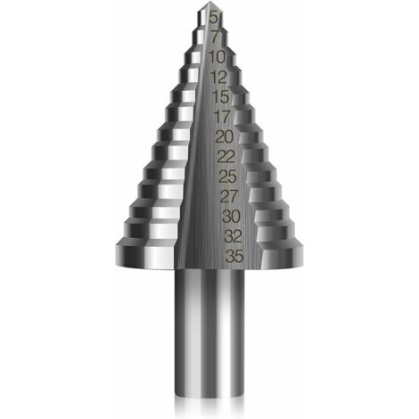 Foret Fraise Meche Etage HSS,Foret Étagé Fraise Conique à Double Fente (5mm-35mm) avec Revêtement Titane,Solide,Parfait Pour Visseuse Percage sur Acier Bois,Laiton,Aluminium,PVC(Tige ronde, 13 mm) (1/5)