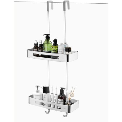 Étagère de Douche en Aluminium Extra Large 2 Serviteur de Douche sans Perçage à Suspendre Etagere Porte Shampoing Douche Suspenduavec Crochets, pour Salle de Bain, Cuisine, Acier Inoxydable