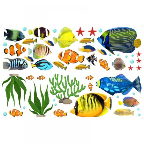 Un lot de stickers muraux poissons tropicaux Stickers Muraux Décor De Mur Autocollant Amovible pour salon Salle De Bain Chambre d'Enfant (1/5)