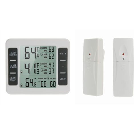 lot de 1 Thermomètre de Frigo Congelateur, Thermomètre de Réfrigérateur sans Fil avec 2 Capteurs, Alarme Sonore, Min/Max, Thermomètre in/Extérieur pour Maison Cuisine Restaurant Bars Café (1/5)