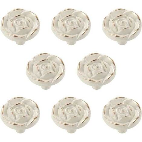 Lot de 8 boutons de placard vintage, poignées de tiroir, blanc, forme rose (1/5)