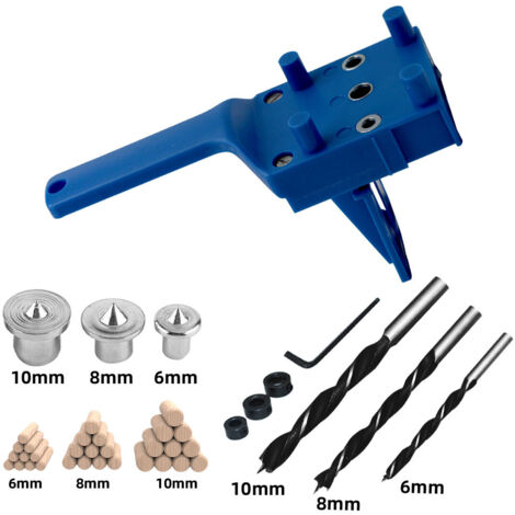 bleu 41 PCS Gabarits de Perçage Cheville Gabarit de Percage Tourillon Kit Gabarait de Goujon Menuiserie à Trou Droit avec Centreur Tourillon 6/8/10mm pour Goujon en Bois à Main (1/3)