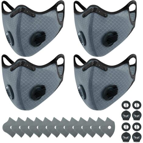 4 masques anti-poussière de sport + 12 filtres à charbon actif, réutilisables, respirants, activités de plein air, travail du bois, tonte et course, cyclisme gris- (1/5)