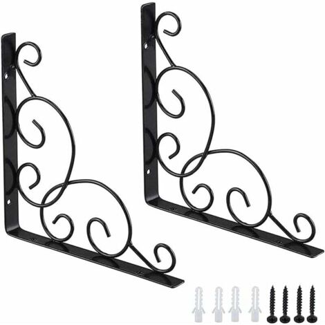 Equerre D'étagere en Fer Forgé, 2 Pièces Équerres pour Étagère de Jardin, Équerre pour Étagere Murale en Fer, Équerre de Support D'étagère, pour Cuisine Salle de Bain Bureau Restaurant (Noir)