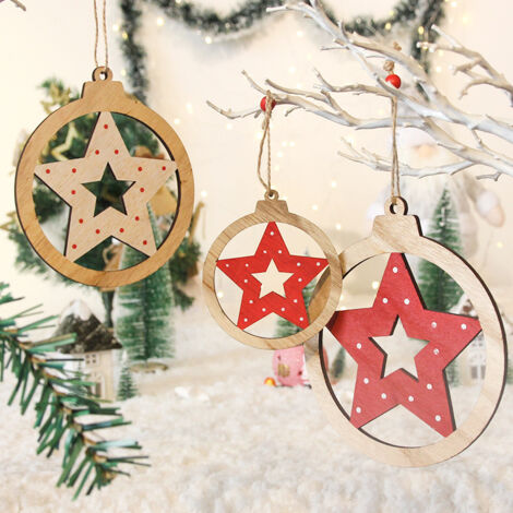 3pcs Les étoiles Pendentif en Copeaux de Bois de Noël, Decoration Sapin Noel en Bois, Bois Arbre de Noël Ornements, Décorations de Noël en Bois (1/4)