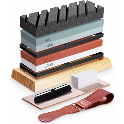 Kit de Pierre à Aiiser, grain double face 400/1000 et 3000/8000 pierre a aiiser professionnel avec Base en Bambou Antidérapante, Pierre à Aplatir, ide d'angle et Lanière en Cuir (1/5)