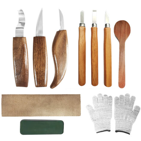 10pcs Outils Sculpture sur Bois, Kit Sculpture Bois avec 3 ux à Bois, 3 Couteau Sculpture Bois,Gants, Professionnels Outillage Bois Sculpter pour Débutants et Professionnels (1/5)