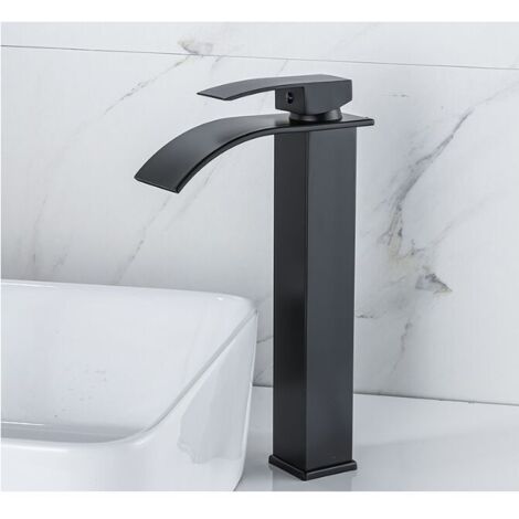 Robinet cascade en laque Lavabo à poser chaud et froid Toilettes Armoires de salle de bain Robinet monotrou Robinet de lavabo cascade, Mitigeur cascade noir, Robinet de salle de bain monotrou en laito (1/3)