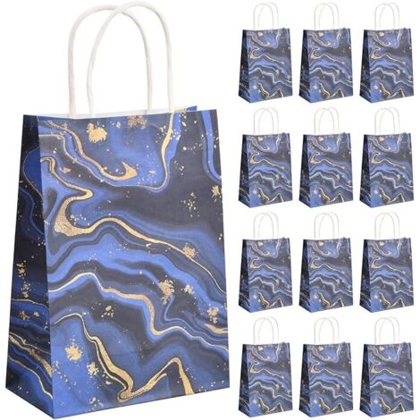 12PCS Pochettes Cadeau Papier, Sacs Cadeaux avec Poignées, Sac de Fête en Papier, Sacs de Bonbons, Pochettes Cadeaux Marbrure pour Anniversaire Mariage Fête Cadeau Emballage (Bleu) (1/5)
