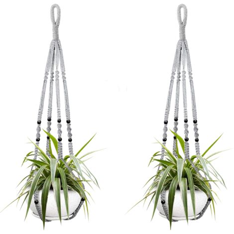 Deux paniers suspendus pour plantes d'intérieur, en corde de coton grise, de 98 cm de long, ornés de perles en bois. Crochets non inclus. (1/5)