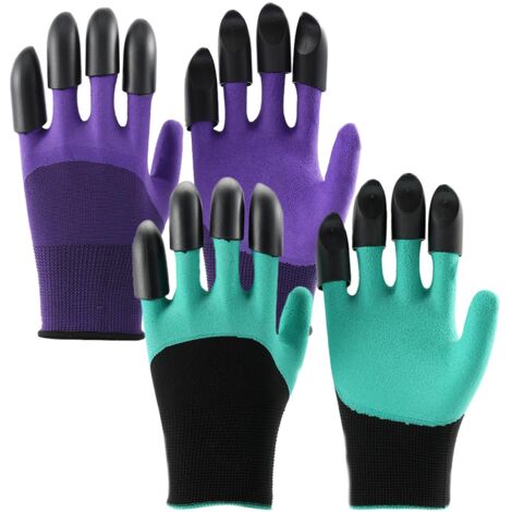 2 paires (vert + violet) de gants de jardinage imperméables 26 x 11 cm avec 8 dents noires, adaptés au creusement, au travail et au labeur à la ferme (1/5)