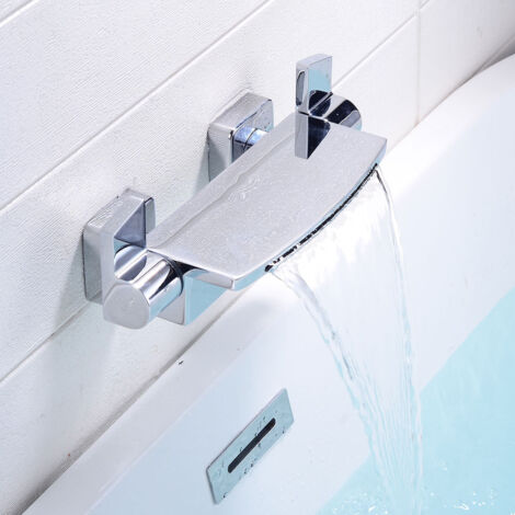 Robinet mural simple en cuivre argenté pour salle de bain, robinet latéral pour baignoire, robinet mélangeur pour baignoire cascade, 1 pièce (1/5)