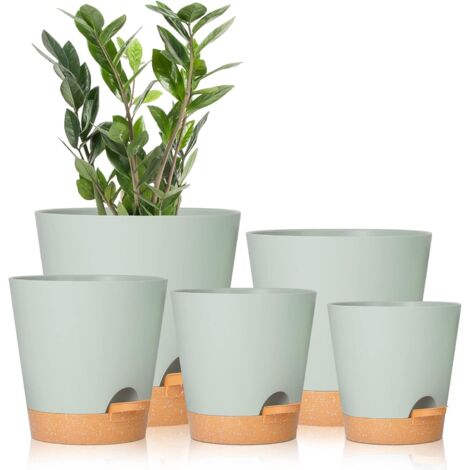 Ensemble de 5 pots de fleurs verts à arrosage automatique de 7/6,5/6/5,5/5 pouces avec trous de drainage, pots de fleurs en plastique, pots de plantation adaptés à toutes les plantes d'intérieur (1/5)