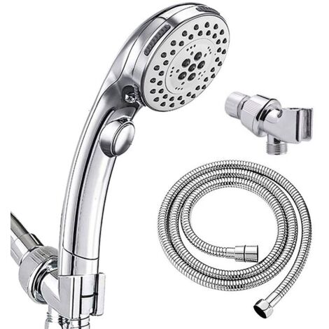 Pommeau de douche chromé galvanisé avec bouton d'arrêt, pommeau de douche à main + bras de suspension + tuyau de 1,5 m, 1 pièce (1/5)