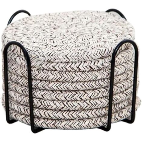 Ensemble de sous-verres ronds en coton beige bohème pour table à manger, coussin isolant épais, tapis rond pour thé (avec support), 8 pièces (1/5)