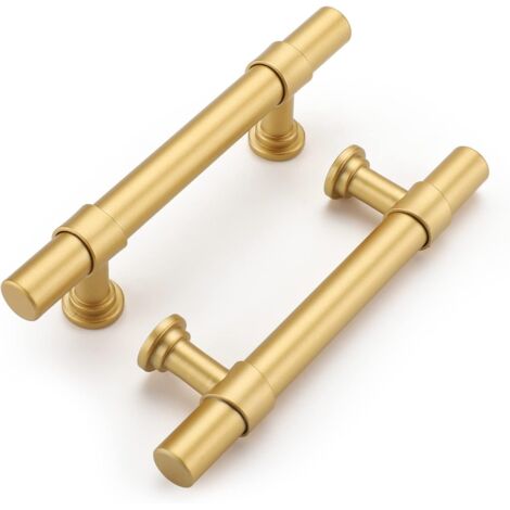 2 poignées dorées pour armoires et tiroirs. Entraxe des trous : 96 mm. Fabriquées en alliage d'aluminium et de zinc. Vis incluses. (1/5)