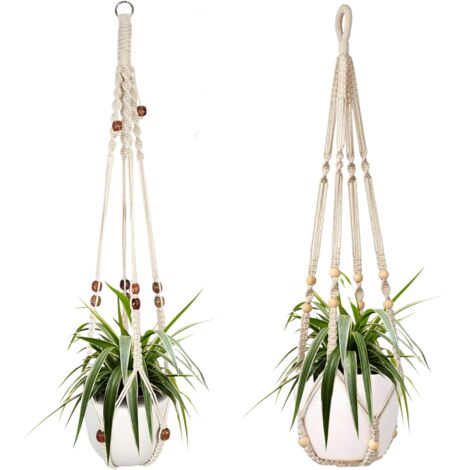 Deux paniers suspendus en corde de coton blanc pour plantes d'intérieur, de 85 cm chacun, ornés de perles en bois. Crochets non inclus. (1/5)
