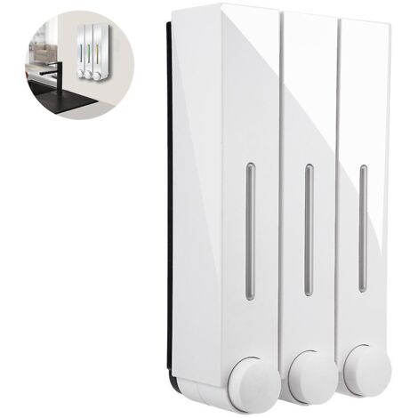 Distributeur et organisateur de pompe de douche murale à 3 têtes pour salle de bain - Contient shampooing, savon, revitalisant, gel douche, lotion - Chambres transparentes, Push-bu (blanc) (1/5)