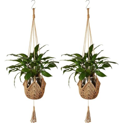 Panier suspendu en corde de chanvre tressée marron longueur 105 cm 2 pots de fleurs de jardinage créatifs sac en filet suspendu avec crochet (1/5)