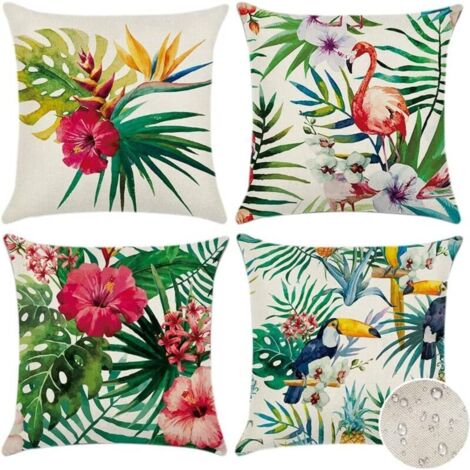 45x45cm Extérieur Housse de Coussin, Lot de 4 Imperméable Plantes et Fleurs Tropicales et Oiseaux Motif Canapé Taie d'oreiller pour Patio Jardin Salon Chambre Décoration (1/5)