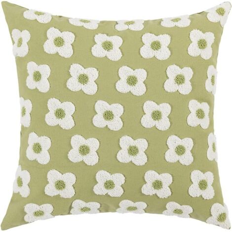 Housse de coussin en velours, housse de coussin décorative colorée, texturée, brodée avec franges, housse de coussin avec pompons, pour salon, canapé, 45 x 45 cm, serviette brodée - petite fleur verte (1/5)